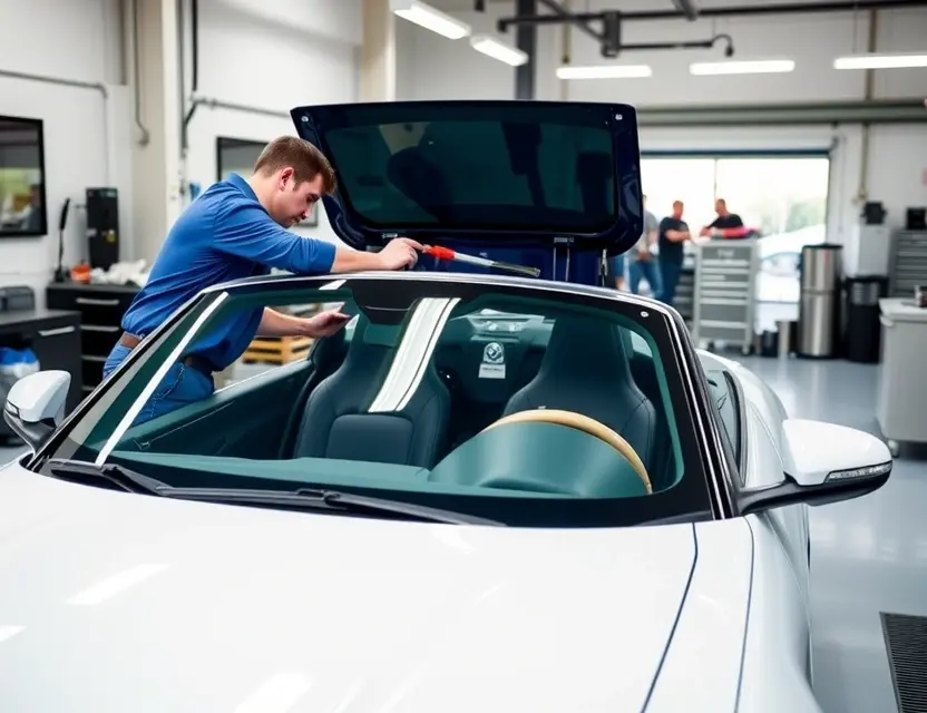 A high-quality image of a professional automotive technician replacing the windshield of an Alpina Roadster V8, with clean workshop surroundings, modern tools, and the car's distinctive front profile clearly visible, no people in the background, no text or logos