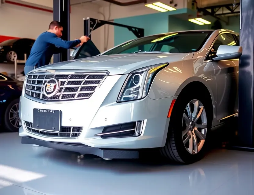 Замена лобового стекла Cadillac XTS A high-quality, realistic photo of a Cadillac XTS with its front windshield being replaced by a technician in a professional auto glass shop. The car is elevated on a lift, the old windshield is removed, and the new glass is being carefully installed. The scene is clean, well-lit, and focused on the vehicle's front end and the installation process, with no visible text or logos.