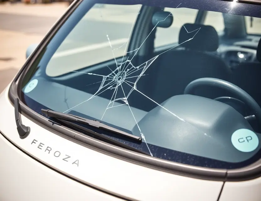 A close-up shot of a Daihatsu Feroza with a cracked windshield, showing the area where the glass needs replacement. The car is parked outdoors on a sunny day. Focus on the damaged windshield and the surrounding car details.