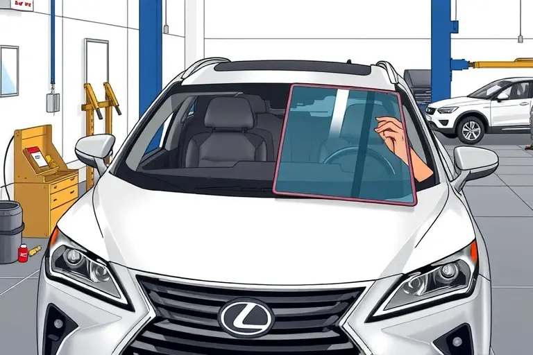 A detailed illustration of a mechanic replacing the windshield on a Lexus RX 500h 3.5 V6 Hybrid 366 hp. The scene shows the car in a service bay, the old windshield removed, a new clear glass panel being fitted, with tools such as a suction cup, a sealant gun, and a protective cover. The background includes a garage setting with a workbench, a car lift, and a clean, well-lit environment. The focus is on the precision of the replacement process, the car's sleek design, and the technician's careful handling of the glass.