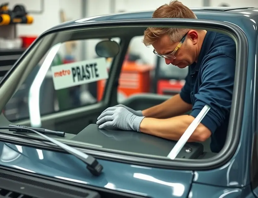 A high-quality image depicting a mechanic working on an Austin Metro car, specifically focusing on the windshield replacement process. The car should be in a garage setting with tools and equipment visible. The mechanic should be wearing safety glasses and gloves. The focus should be sharp on the windshield replacement area.