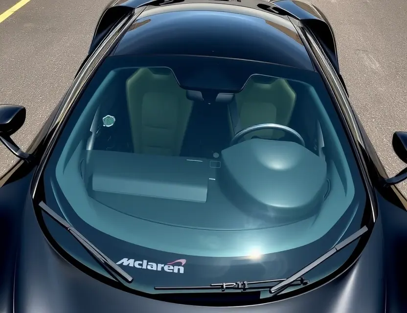 A high-quality image of a McLaren P1 with a replaced windshield. The windshield is clear and seamless, integrating perfectly with the car's design. The car is parked on a clean, bright asphalt surface. Focus on the details of the windshield replacement and the car's sleek lines.