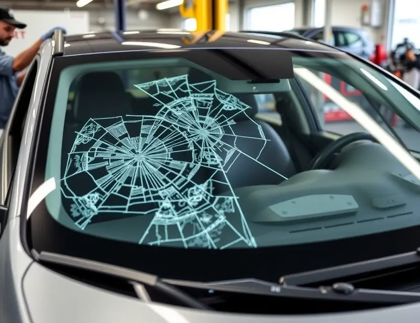 A Zeekr car with a cracked windshield undergoing a windshield replacement service. The scene should depict a professional auto repair shop with technicians working on the car. Focus on the replacement process, showing the old windshield being removed and the new one being installed.