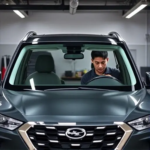 A mechanic or automotive technician in a garage setting, carefully removing and installing a new windshield on a BAIC BJ90 SUV, with the vehicle's front end visible, the windshield frame, and tools such as a suction cup and a cleaning solution. The scene should emphasize the precision of the replacement process, with a focus on the clear glass and the vehicle's front fascia. The background should be a clean workshop environment with subtle lighting.
