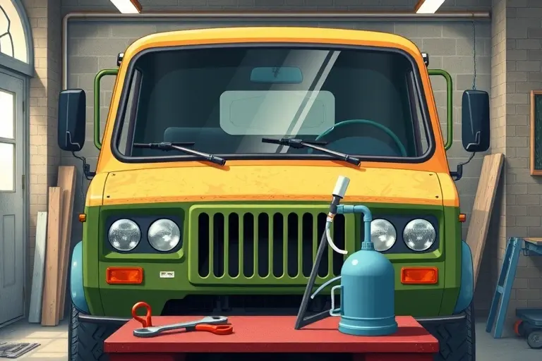 A detailed illustration of a classic UAZ 469 (1971-1985) with a 2.4 L 75 hp engine, shown from the front in a workshop. The windshield is being removed, with a mechanic's hands holding tools such as a suction cup and a wrench, and the old glass lying on a workbench. The scene captures the rugged, utilitarian feel of the vehicle and the repair process, with realistic lighting and textures.