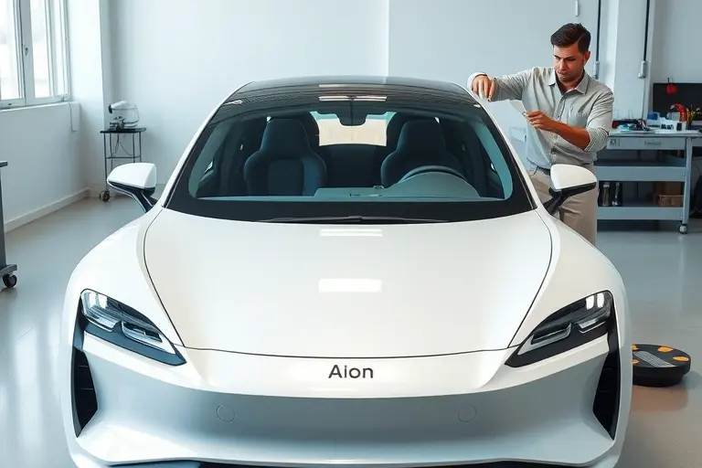 A modern electric sedan resembling the Aion S with a sleek, futuristic design, shown from the front in a clean garage environment. A professional mechanic in a neutral uniform is carefully removing the old windshield and holding a new, crystal‑clear windshield ready for installation. The scene highlights the car's smooth body lines, the open hood, and the detailed windshield frame, with tools like suction cups and a polishing pad visible on a nearby workbench. The lighting is bright and even, emphasizing the reflective glass and the precision of the replacement process.