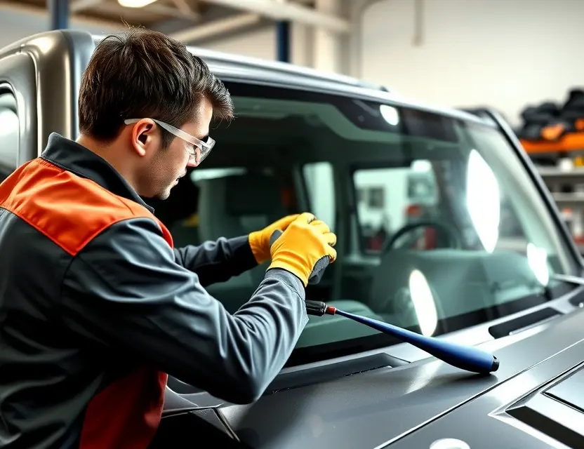 Замена лобового стекла Hummer H3 A detailed scene of a professional auto glass technician replacing the windshield of a Hummer H3. The technician is wearing safety gloves and goggles, carefully removing the old windshield and preparing to install a new one. The Hummer H3 is parked in a well-lit garage with various auto repair tools and equipment in the background. The scene should capture the precision and care involved in the process.