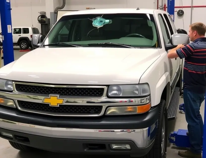 A Chevrolet Suburban with a cracked windshield being replaced by a mechanic. The vehicle is parked on a service lift in a garage. The replacement windshield is being installed. Focus on the repair process.