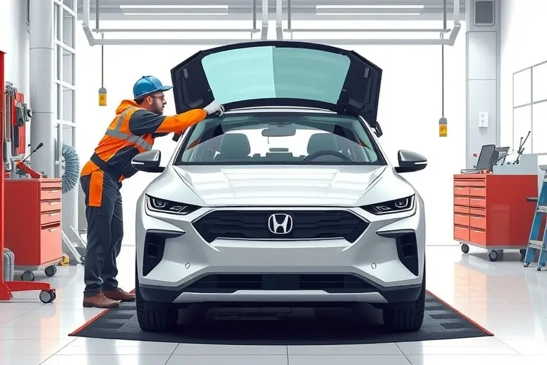 A detailed illustration of a BYD Tang EV (2020 model) in a modern auto repair garage, showing a professional mechanic in safety gear carefully removing the damaged windshield and installing a new glass. The car is centered, with the open hood and windshield area highlighted, tools and a clean workshop environment in the background. Emphasis on realistic lighting and high-quality rendering.