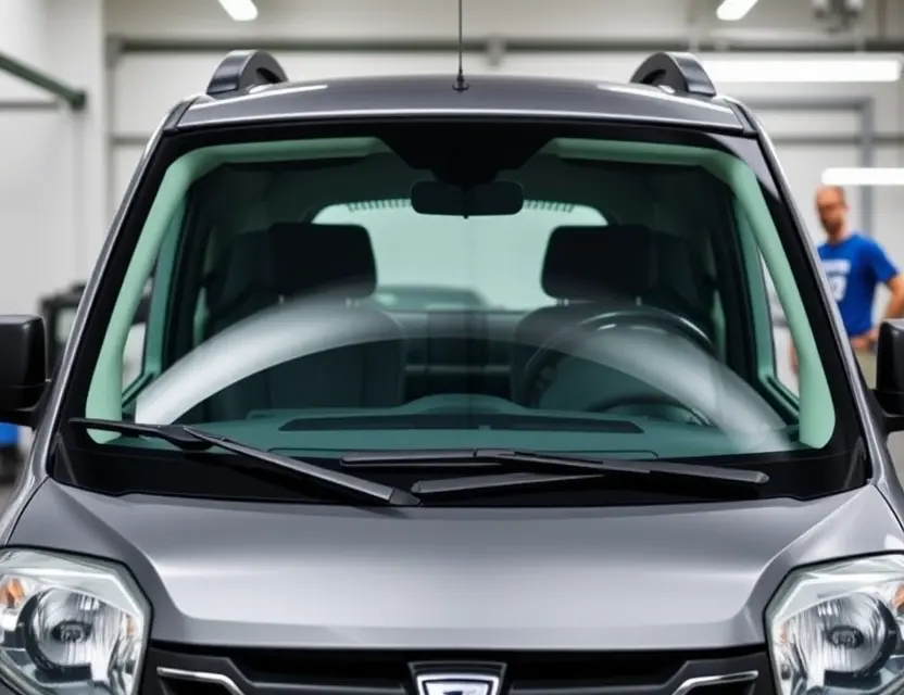 A Dacia Jogger with a newly replaced front windshield, showing a clean, undamaged glass surface, viewed from the front at a slight angle, in a well-lit garage or service center environment, no people, no text, no logos, no damage or cracks