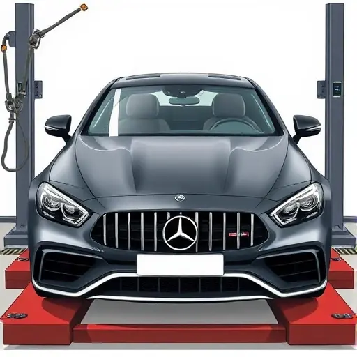 A realistic illustration of a Brabus E900 sports car with a 4.5 L V8 biturbo engine, shown from the front as the windshield is being replaced. The car sits on a service lift, the old windshield is partially removed, a new glass panel is positioned, and professional tools such as suction cups and gloved hands are visible, all rendered in the smallHQ style without any text or branding.