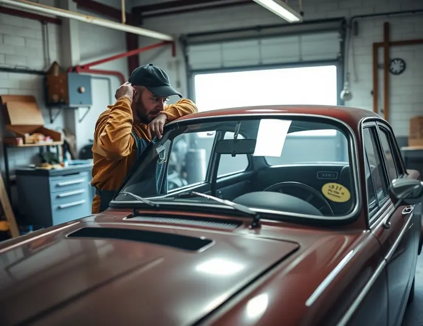 Замена лобового стекла Volga A car mechanic replacing the windshield of a classic Volga car in a well-lit garage, tools and new windshield visible, no text or labels