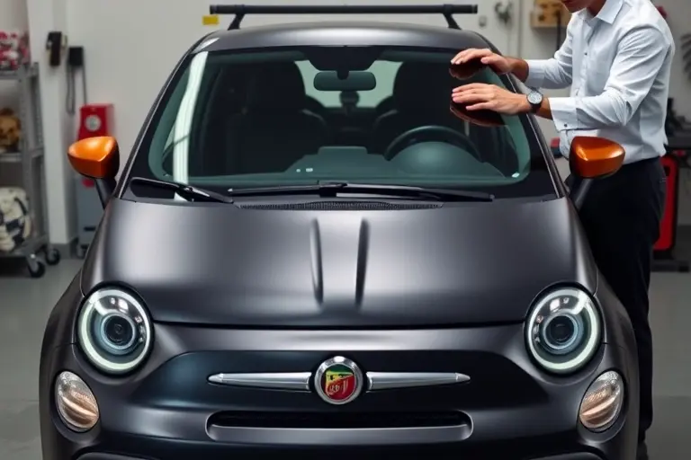 A sleek Abarth 595 (2019 model) parked in a modern auto workshop, with a professional mechanic in a clean uniform carefully removing the old windshield and holding a new windshield ready for installation. The focus is on the car's front view, the windshield area, and the hands of the mechanic, showing tools like suction cups and a protective blanket. The background shows a tidy workshop with subtle lighting, emphasizing the precision of the windshield replacement process.