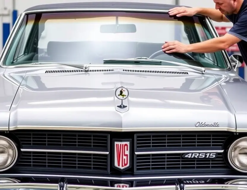 Замена лобового стекла Oldsmobile A high-quality, realistic image of an Oldsmobile car with its front windshield being replaced, showing the process or the new windshield installed, with clear details of the vehicle and the replacement activity, no text or numbers visible