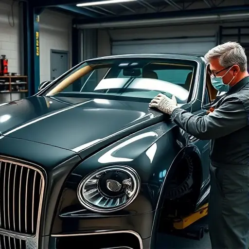 A realistic, detailed depiction of a mechanic replacing the windshield of a 2020 Bentley Mulsanne in a professional garage. The car is on a hydraulic lift, the old windshield is partially removed, and a new high‑strength glass panel is being fitted by a technician wearing gloves and a protective mask. The background shows garage tools, a workbench, and subtle reflections of the car’s polished chrome exterior. Bright, focused lighting highlights the glass surface and the technician’s hands. No text, letters, or digits should appear in the image.