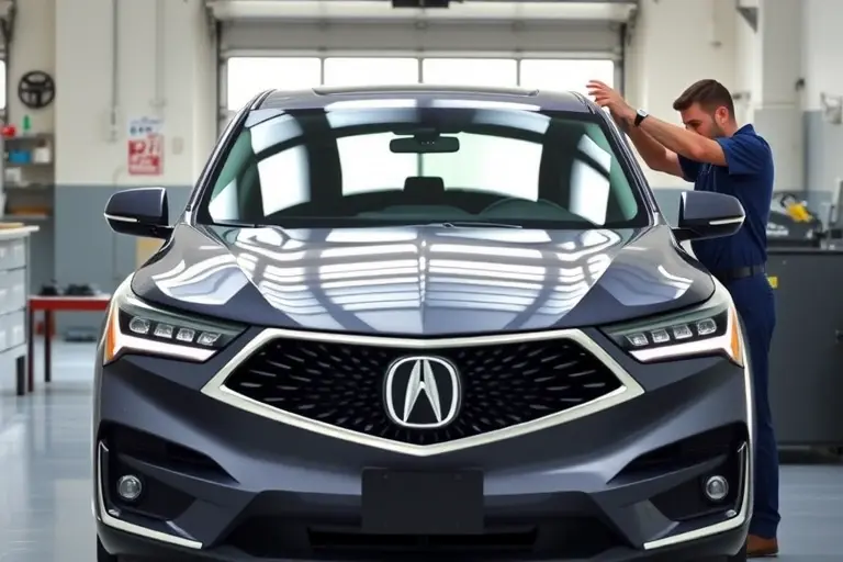A realistic scene of an Acura RDX 2.0 VTEC Turbo (model year 2019) in a clean auto repair garage, with a professional mechanic carefully removing the old windshield and installing a new one. The focus is on the car's front view, showing the windshield area, tools, and the replacement process, with bright natural lighting and a tidy workshop background.