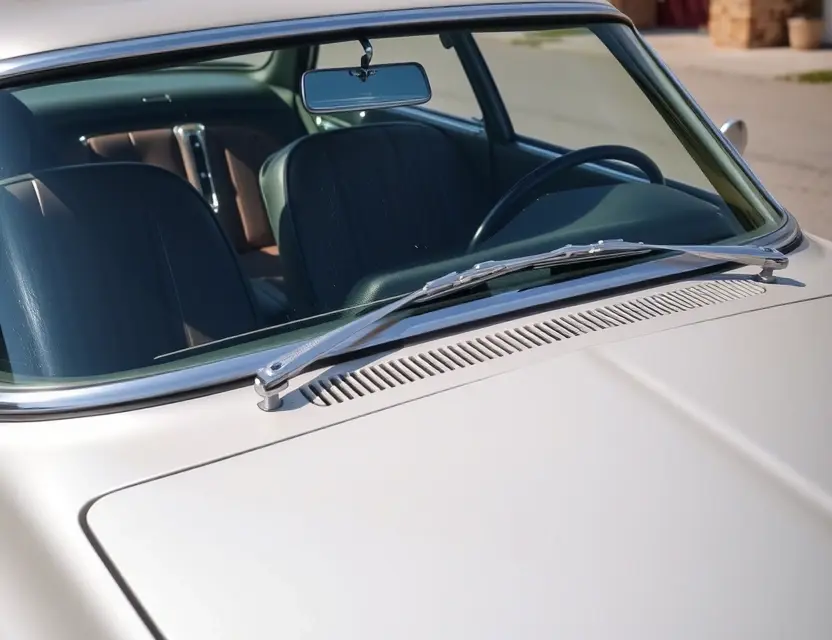 A close-up shot of a Facel Vega Facel II car with a replaced windshield. The old windshield is removed, and a new, clear windshield is installed. Focus on the details of the replacement process and the quality of the new glass. The car should be parked outdoors on a sunny day.