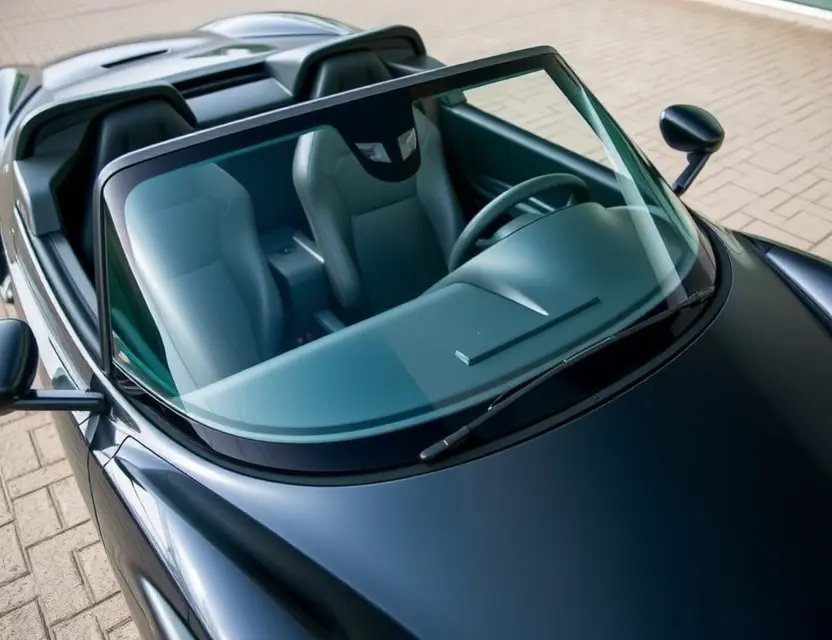 A high-quality image of a Donkervoort D8 GTO with a replaced windshield. The car is parked on a clean, paved surface, possibly a showroom or dealership. The focus is on the replaced windshield, showing the new glass. The car's exterior is detailed and well-lit, showcasing its sleek design.