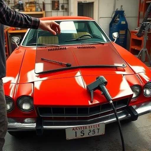 A detailed scene of a mechanic replacing the windshield of a 1970s Avanti II car. The image should show the car’s front profile with the old windshield partially removed, a new glass panel being fitted, and tools such as a suction cup, a sealant gun, and a hand-held vacuum. The setting is a garage with a workbench, a car jack, and a clear view of the car’s front bumper and grille. The focus is on the hands, the glass, and the mechanical process, with realistic lighting and a slightly vintage atmosphere.