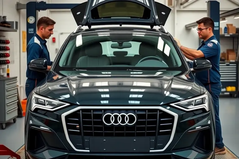 A professional auto repair workshop scene showing an Audi Q2 (2017-2024 model) with its front windshield being carefully removed and a new windshield being installed. The car is centered, with a mechanic in safety gloves and goggles handling the glass using suction cups and tools. The background includes clean workshop equipment, tool racks, and a subtle hint of the workshop floor, focusing on the precise replacement process without any text or logos.