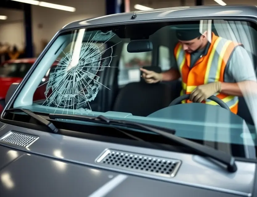 A Dacia Jogger with a cracked windshield being replaced by a mechanic. The mechanic is wearing a safety vest and gloves, and the replacement windshield is being installed. The background shows a garage or workshop setting.