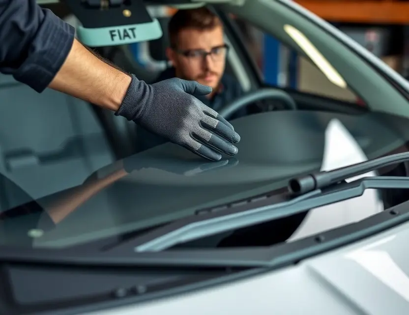 A close-up shot of a Fiat car windshield being replaced by a mechanic. The mechanic is wearing gloves and a safety glasses. The windshield replacement process is visible, with tools and parts around. Focus on the mechanics' hands and the replacement windshield.