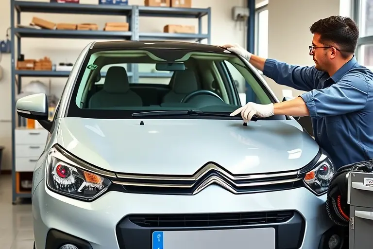 A realistic depiction of a mechanic replacing the windshield of a Citroën C3 1.2 PureTech 110 hp (2016 model). The scene shows the car on a lift or in a garage, the old windshield removed, the new windshield positioned on a tray, and the mechanic wearing gloves and protective gear. The mechanic uses a suction device to apply the new glass, with a focus on the glass, the car's front panel, and the tools. The background is a clean, organized workshop environment. No text or lettering is present.
