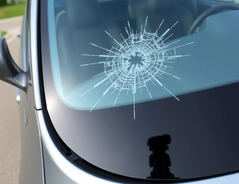 A close-up shot of a Buick Encore with a cracked windshield, showing the damage clearly. The car is parked on a clean, paved surface. Focus on the cracked area and the surrounding glass.