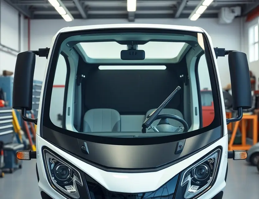 A high-quality, realistic image showing the front view of a Canoo MPDV electric vehicle with its windshield removed, exposing the empty frame and mounting points. The vehicle is parked in a clean, well-lit professional auto repair garage with tools and safety equipment visible in the background. The scene emphasizes the structural details of the windshield frame and the modern design of the Canoo MPDV.