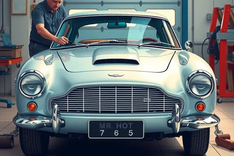 A high‑detail illustration of a classic 1963 Aston Martin DB5 with its front windshield being carefully removed and replaced by a professional mechanic in a clean workshop; the car is shown from a slightly angled front view, highlighting the sleek curves of the body, the iconic grille, and the new glass fitting into place, with realistic lighting and reflections on the glass and polished metal surfaces