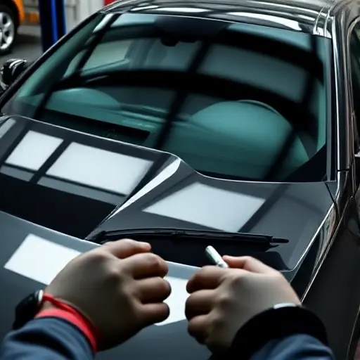 A close-up of a BMW X6M with a newly installed windshield, showing the sleek glass and the car's front profile, with a mechanic's hands and tools in the foreground, set in a workshop environment.
