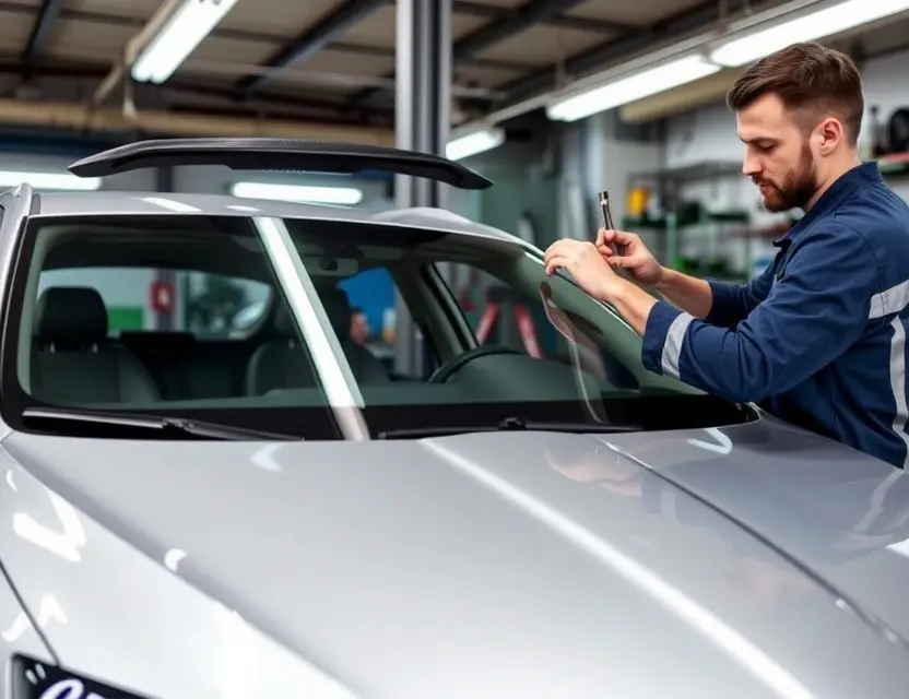A mechanic is replacing a windshield on a silver Skoda Octavia in a garage. The windshield is partially removed, and the mechanic is using tools to install a new one. The garage has bright lighting and various automotive tools and equipment visible in the background. Focus on the process of windshield replacement.