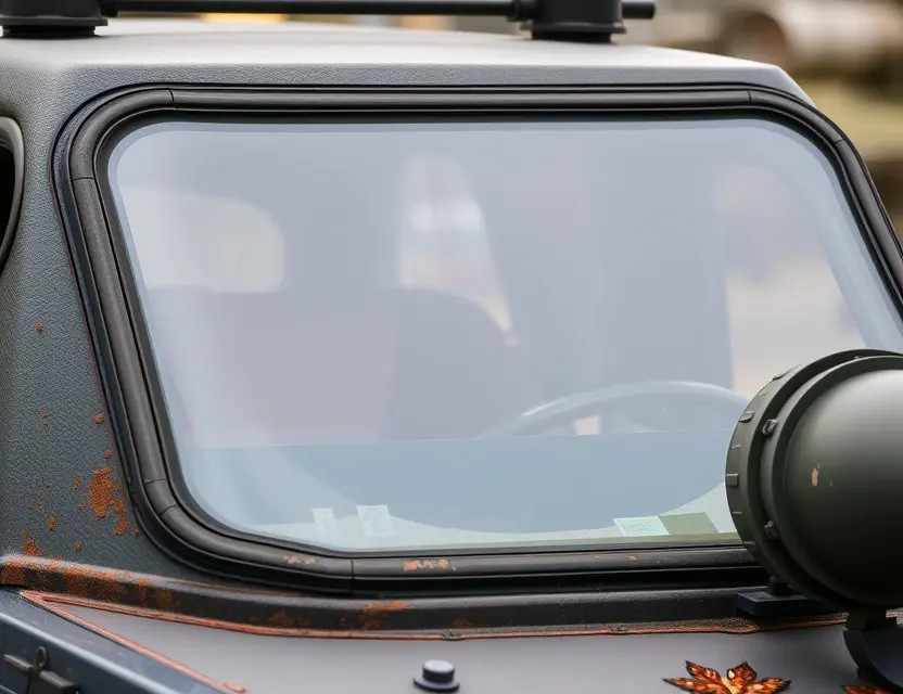 A close-up shot of a Tank vehicle with a replaced windshield, showcasing the new glass. The windshield should be clear and modern, contrasting with the older, weathered exterior of the tank. Focus on the details of the replacement process and the quality of the new glass.