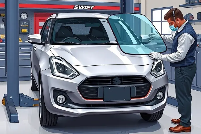 A detailed, realistic illustration of a mechanic replacing the windshield on a Suzuki Swift 1.2 L 83 hp (2017–present). The scene shows the car on a lift or in a garage, the old cracked windshield removed, a new clear glass panel being fitted with proper alignment tools, and the mechanic wearing protective gloves and a safety mask. The background includes a neatly organized workshop with automotive tools and a subtle reflection of the car’s body on a polished floor. The focus is on the precision of the replacement process, highlighting the clear glass, the car’s front fascia, and the mechanic’s careful handling.