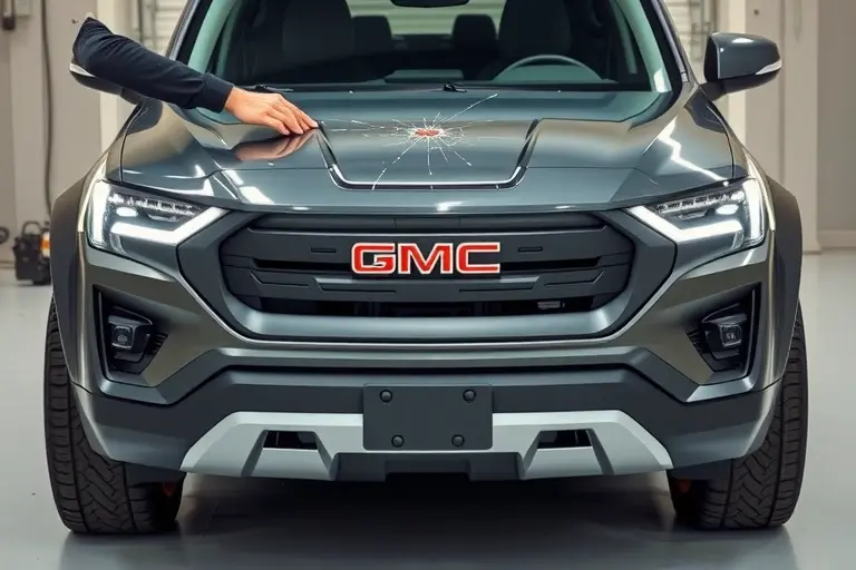A detailed front view of a GMC Hummer EV SUV undergoing a windshield replacement. The image should show the vehicle's sleek, electric SUV body with its distinctive front grille and large wheels. A mechanic is in the foreground, holding a new windshield and using a suction cup or specialized tool to lift the old glass. The old windshield is partially removed, revealing the interior glass frame. The setting is a clean, well-lit garage or service bay with subtle equipment in the background. The focus is on the replacement process, highlighting the new glass's clarity and the vehicle's modern electric features, such as a visible charging port or battery indicator. The composition should emphasize the contrast between the old, cracked windshield and the pristine new one, showcasing the precision of the replacement work.