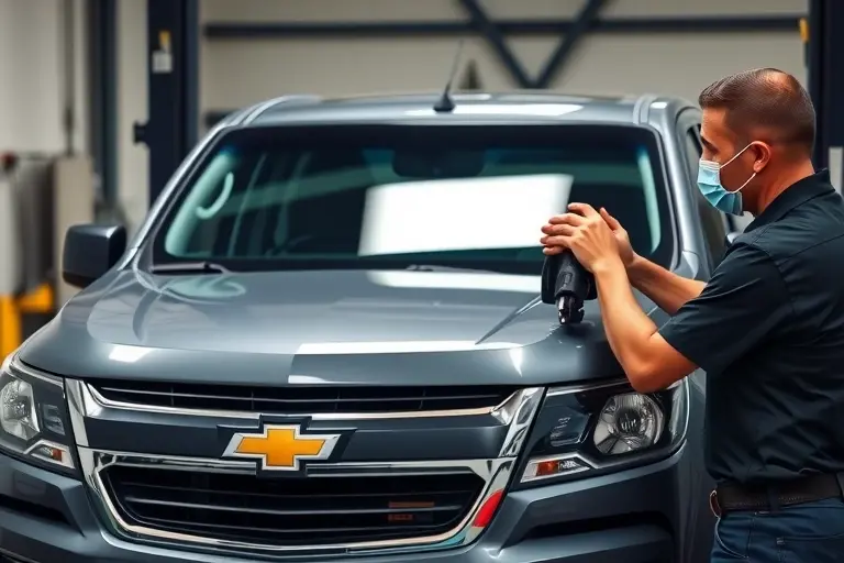 A mechanic in a garage replacing the windshield of a Chevrolet Colorado 2.8 Duramax Diesel 181. The scene shows the vehicle on a lift or jack, the old windshield removed, a new clear windshield being fitted, with automotive tools and a safety mask on the mechanic. The focus is on the windshield replacement process, highlighting the vehicle’s front, the mechanic’s hands, and the new glass.