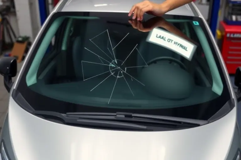 A close-up of a mechanic's hands holding a new windshield glass, with the old cracked windshield removed from a Lancia Ypsilon 1.0 Hybrid car. The background shows a garage setting with tools and a car body. The focus is on the glass and the car's front, illustrating the replacement process.