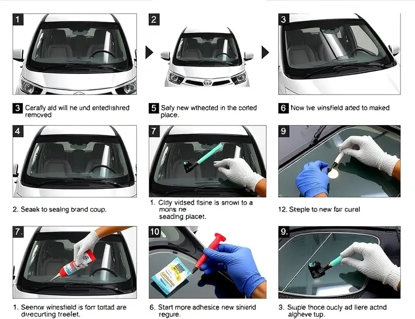 A detailed step-by-step process of replacing the windshield of a Great Wall Wingle 7. The image should show the vehicle with the old windshield removed, the new windshield being carefully placed, and the sealing process. Include close-up shots of the tools and materials used, such as the windshield adhesive, suction cups, and safety equipment like gloves and goggles.