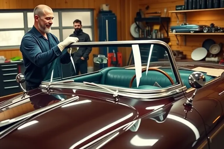 A mechanic in a classic garage setting, wearing gloves and a protective mask, is in the process of replacing the windshield on a 1953 Packard Caribbean. The car is positioned on a hydraulic lift, with the old windshield removed and a new, clear glass panel being carefully aligned and secured using a suction cup and a windshield holder. The scene includes vintage automotive tools such as a rubber mallet, a glass cutter, and a set of wrenches. The background shows a workshop with a wooden workbench, a toolbox, and a wall-mounted shelf of classic car parts. The lighting is warm and focused on the car, highlighting the sleek lines of the Packard Caribbean and the precision of the replacement process.