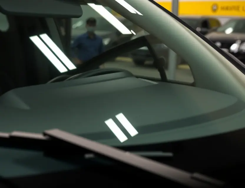 A close-up shot of a Haval Dargo with a replaced windshield, showcasing the new glass and the surrounding vehicle details. The focus should be on the clarity and quality of the replacement windshield.