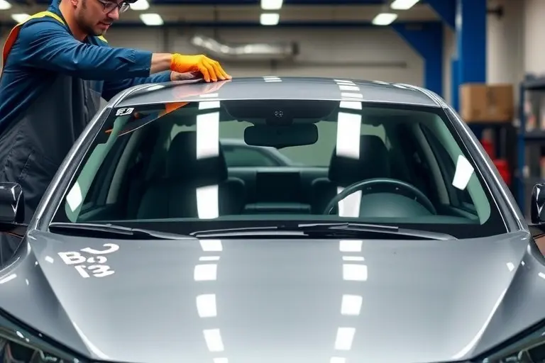 A realistic scene of a BYD F3 sedan (model years 2005-2021) in a workshop, with a professional mechanic in safety gear carefully removing the old windshield and installing a new glass. The focus is on the car's front view, the windshield frame, and the tools such as suction cups and a glass cutter, showing a clean, well-lit automotive service environment.