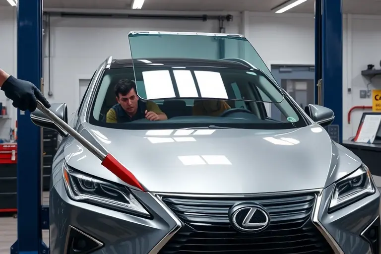 A realistic depiction of a mechanic replacing the windshield on a 2022 Lexus RX 2.4 Turbo with 279 hp. The scene is inside a professional automotive service bay. The car is parked on a lift, the old windshield is removed, and a new clear glass panel is being installed. Tools such as a suction cup, a glass cutter, and a sealant gun are present. The background shows a clean, organized workshop with a workbench, a toolbox, and a car service manual. The lighting is bright and evenly distributed, highlighting the glossy finish of the new windshield and the metallic surface of the car. No text or logos should appear in the image.