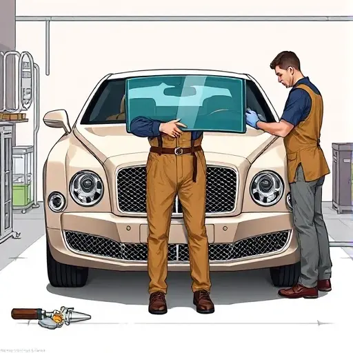 A detailed, realistic illustration of a Bentley Mulsanne 2010 with its front windshield being replaced. The image should show a mechanic in a work apron holding a new glass panel, positioned in front of the car. The Bentley should be depicted from a slightly low angle, front view, with the hood open and the windshield area clearly visible. Include automotive tools such as a suction cup, a glass cutter, and a cleaning cloth. The setting is a clean garage with a subtle, neutral background. The focus is on the precision of the replacement process, highlighting the high quality of the new glass and the meticulous work of the technician.
