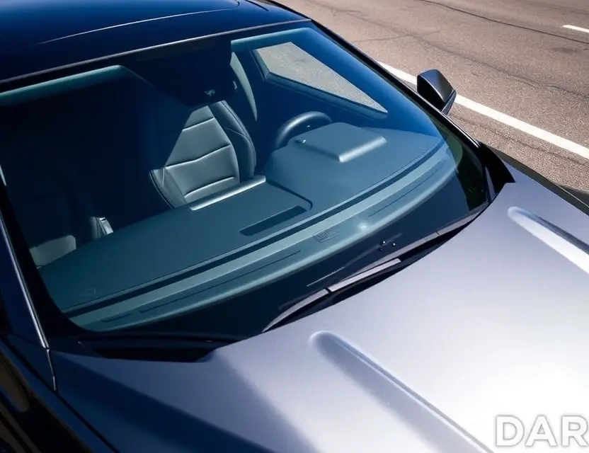 A Lamborghini Urus with a replaced windshield, showcasing the new glass. The car is parked on a clean, bright asphalt surface. Focus on the clarity and quality of the replacement windshield.