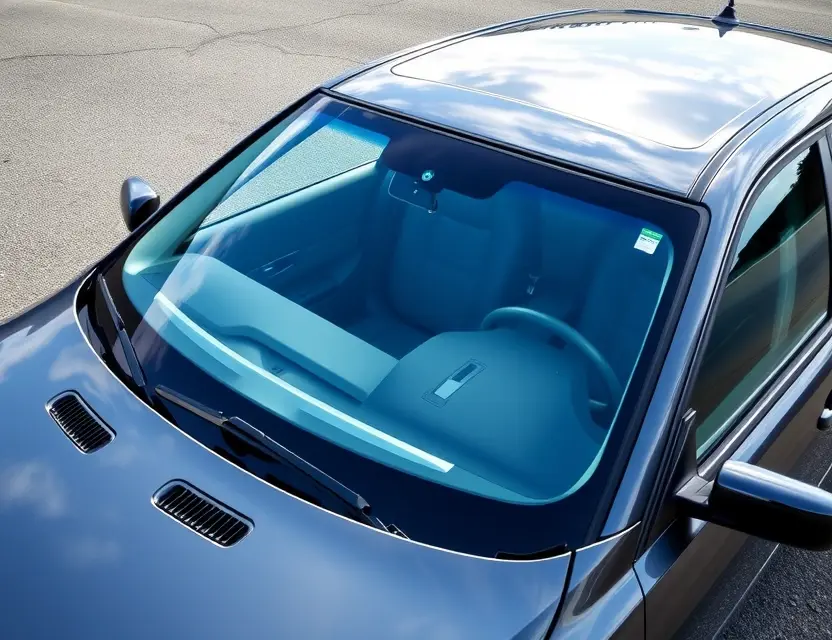 A high-quality image depicting a BMW 5er (E39) with a replaced windshield. The windshield is clear and new, seamlessly integrated with the existing frame. The car is parked outdoors on a clean asphalt surface. Focus on the detail of the windshield replacement and the overall condition of the vehicle.
