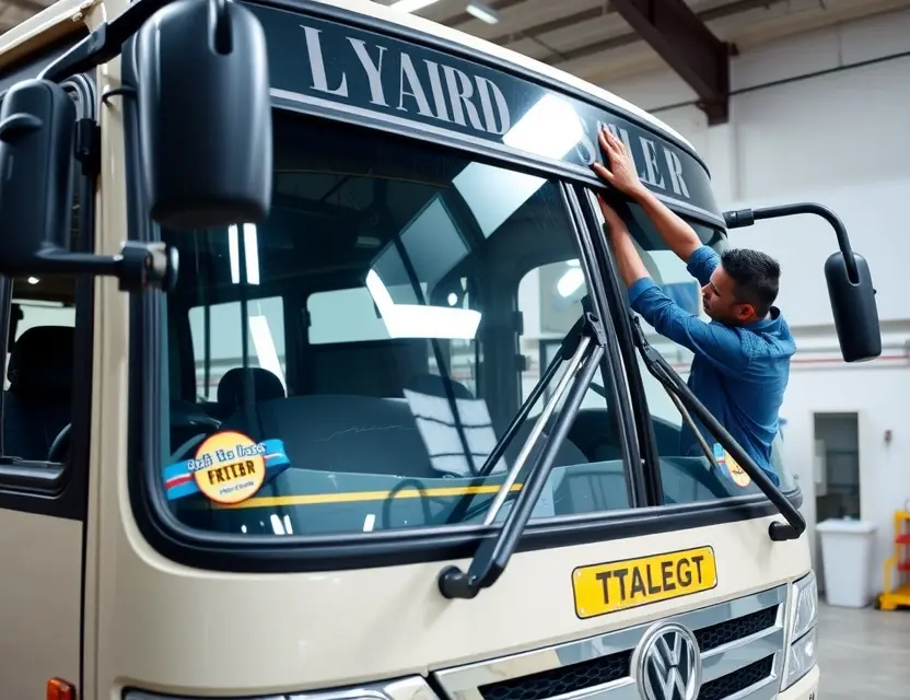 A high-quality image of a modern bus windshield replacement service, showing a technician carefully installing a new windshield on an Ashok Leyland Stile bus, with professional tools and a clean workshop background, emphasizing precision and service quality