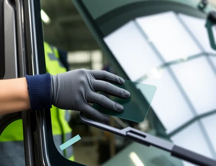 A close-up shot of a BAIC BJ80 windshield being replaced by a mechanic. The mechanic is wearing gloves and a safety vest. The windshield replacement process is visible, showing the old windshield being removed and the new one being installed. Focus on the hands and the replacement process.