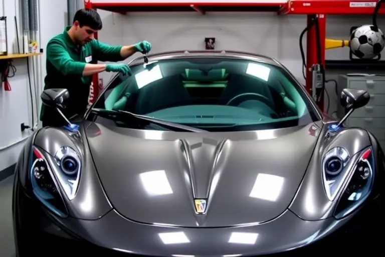 A mechanic in a garage replacing the windshield of a Marussia B2 2.8 Turbo 420 hp car (2011-2014). The image shows the car’s front with the old windshield removed, a new windshield being installed, tools and a clear view of the car’s body and interior of the garage.
