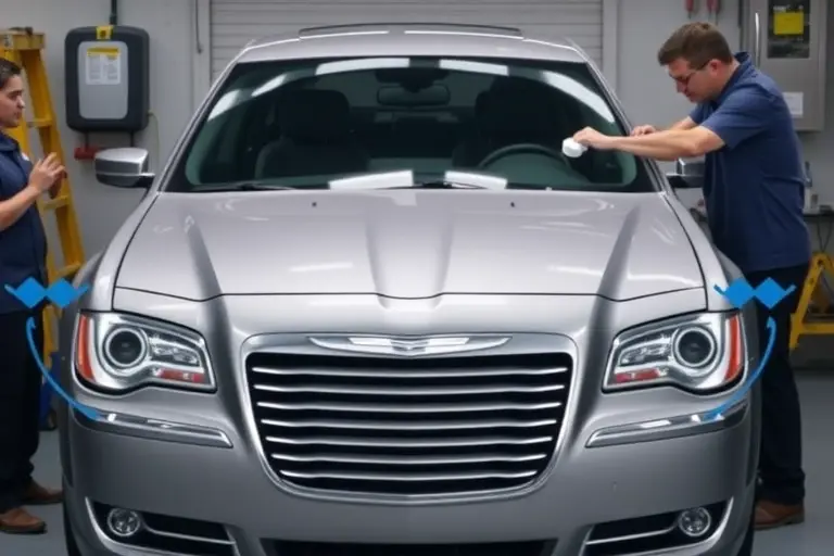A detailed, realistic depiction of a mechanic replacing the windshield on a 2011–2023 Chrysler 300 with a 3.6 V6 engine. The scene shows the car’s front in a workshop, the old windshield partially removed, a new windshield being fitted, tools such as a suction cup and a windshield adhesive spreader visible. The focus is on the car and the replacement process, with a clean, professional environment, no text or logos.