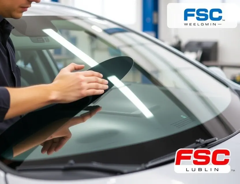 A car windshield replacement service offered by FSC Lublin. The image should depict a modern car with a clearly visible windshield being replaced by a technician. The scene should be clean and professional, showcasing the replacement process. Focus on the technician's hands working on the windshield and the new glass.